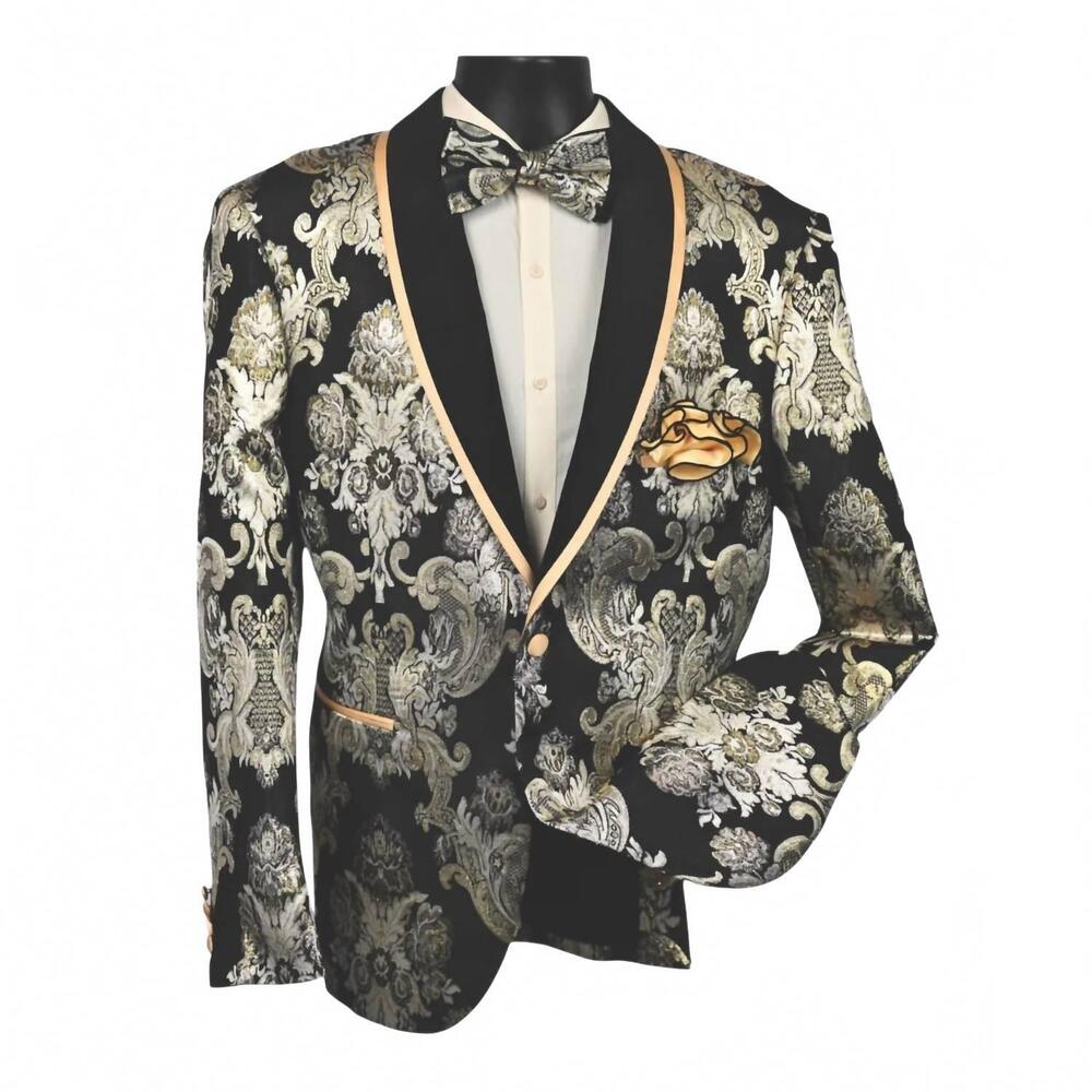 NEW MAZARI men's metallic blazer with bow tie in gold